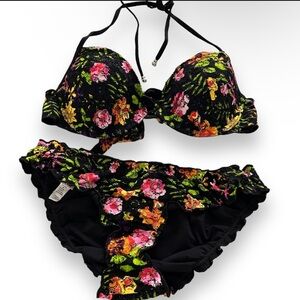 Vtg black floral tropical colorful bright push up top lettuce trim bikini set